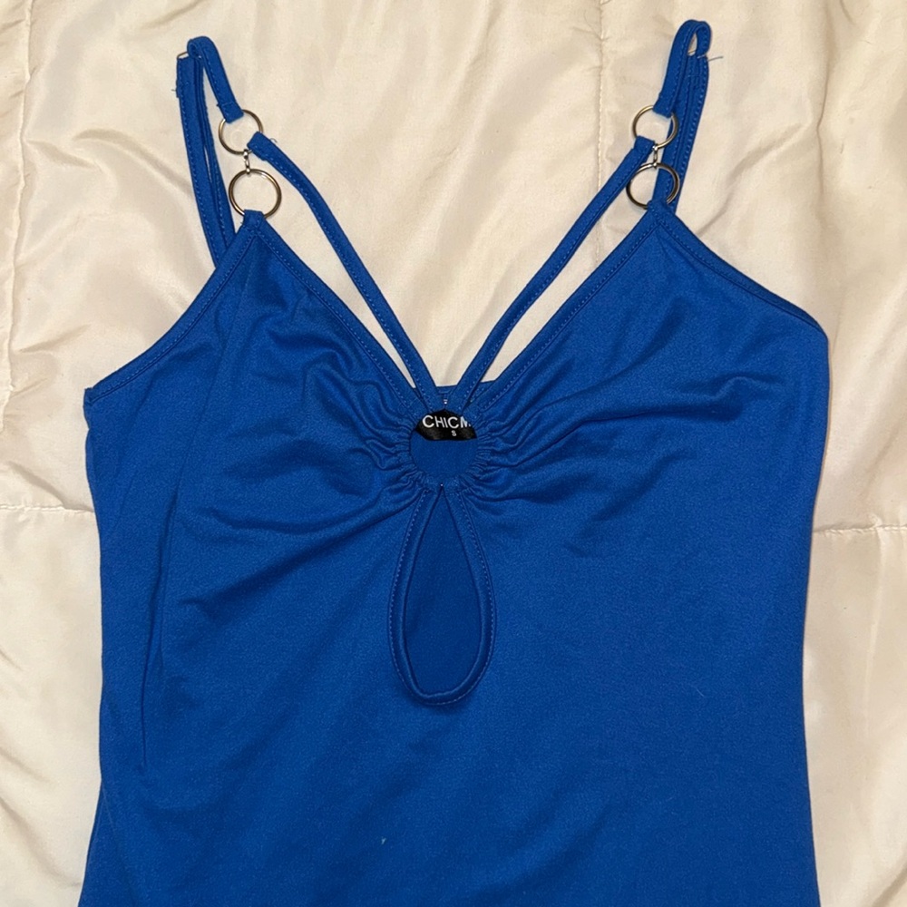 Chic Blue Bodycon Dress with Spaghetti Straps and Slit